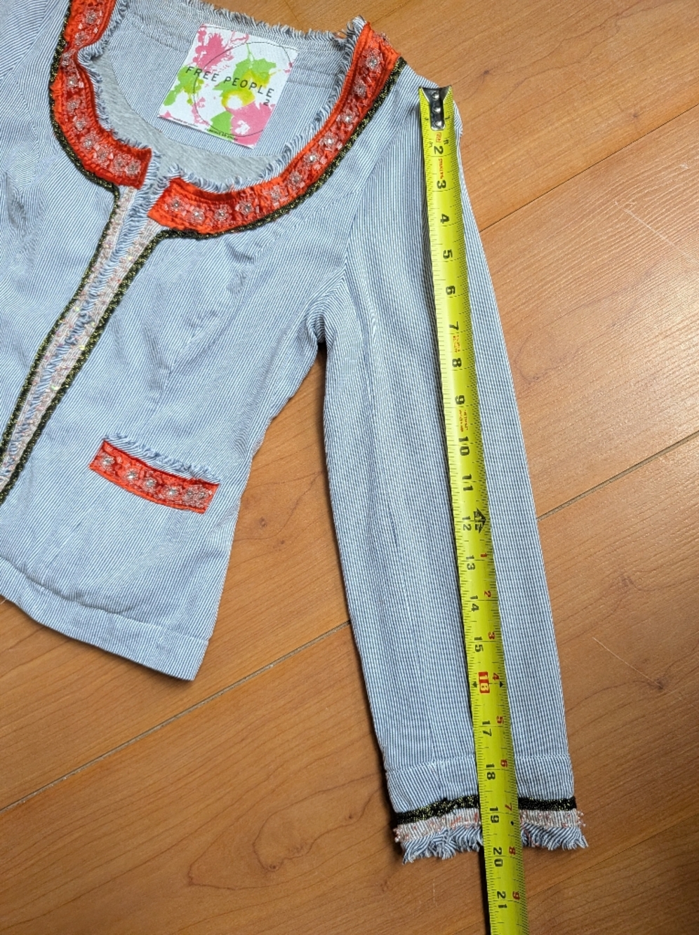 Free People Blue Pinstripe Blazer with Coral Trim - Picture 9 of 14